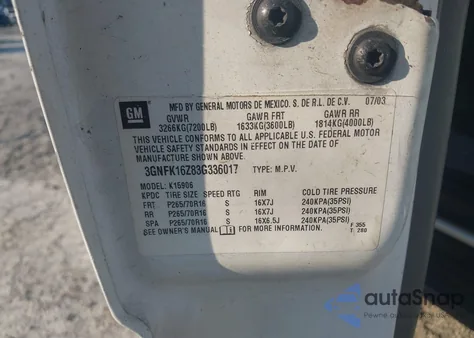 2003 Chevrolet Suburban K1500 z USA, uszkodzony, nr VIN 3GNFK16Z83G336017